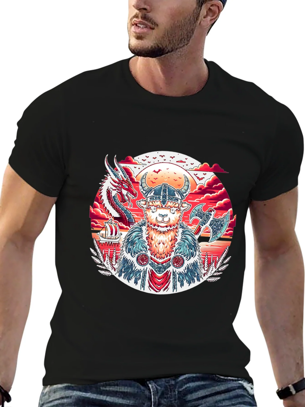 Viking Llama Graphic Tee - Black Cotton T-Shirt