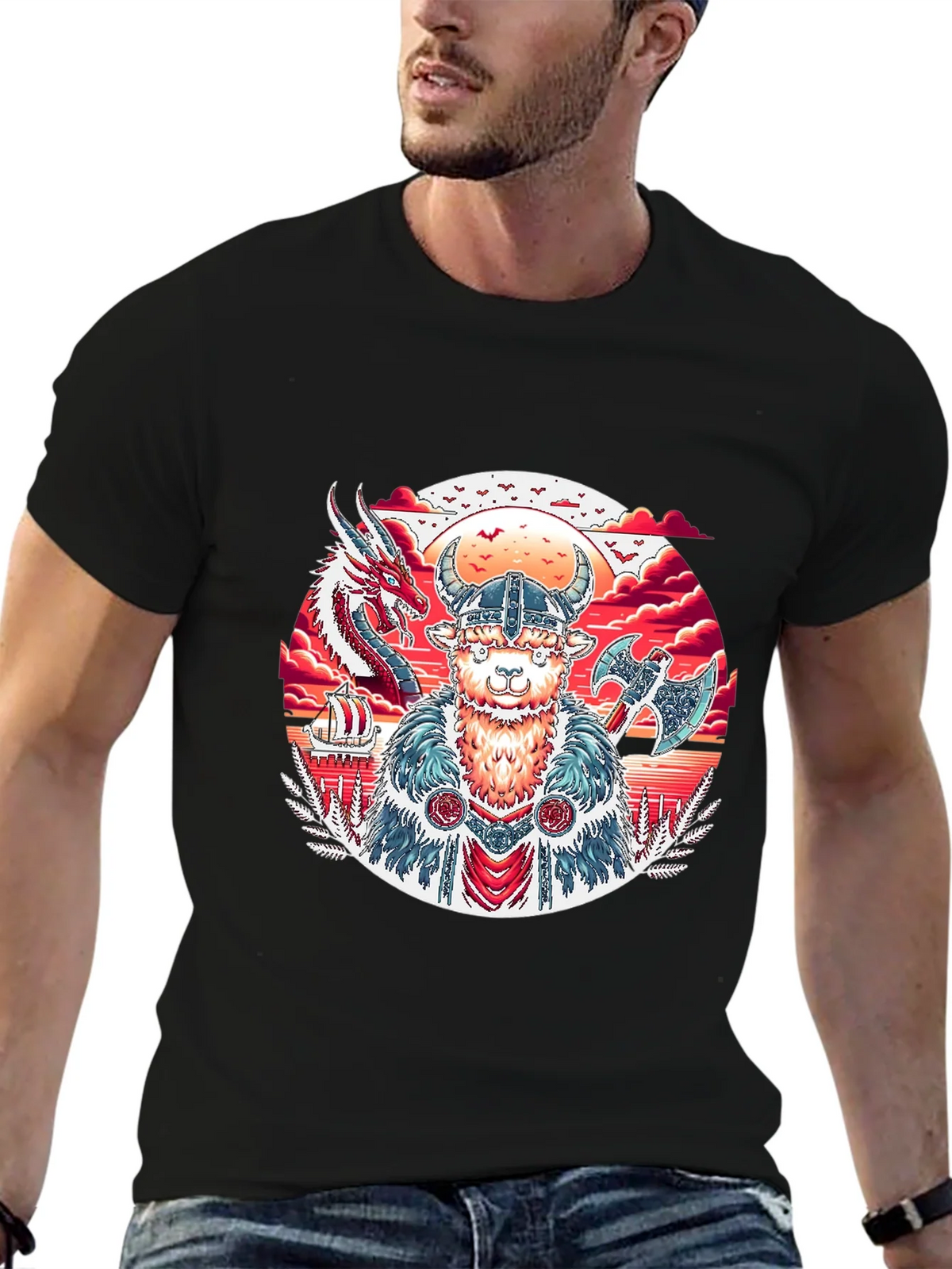 Viking Llama Graphic Tee - Black Cotton T-Shirt